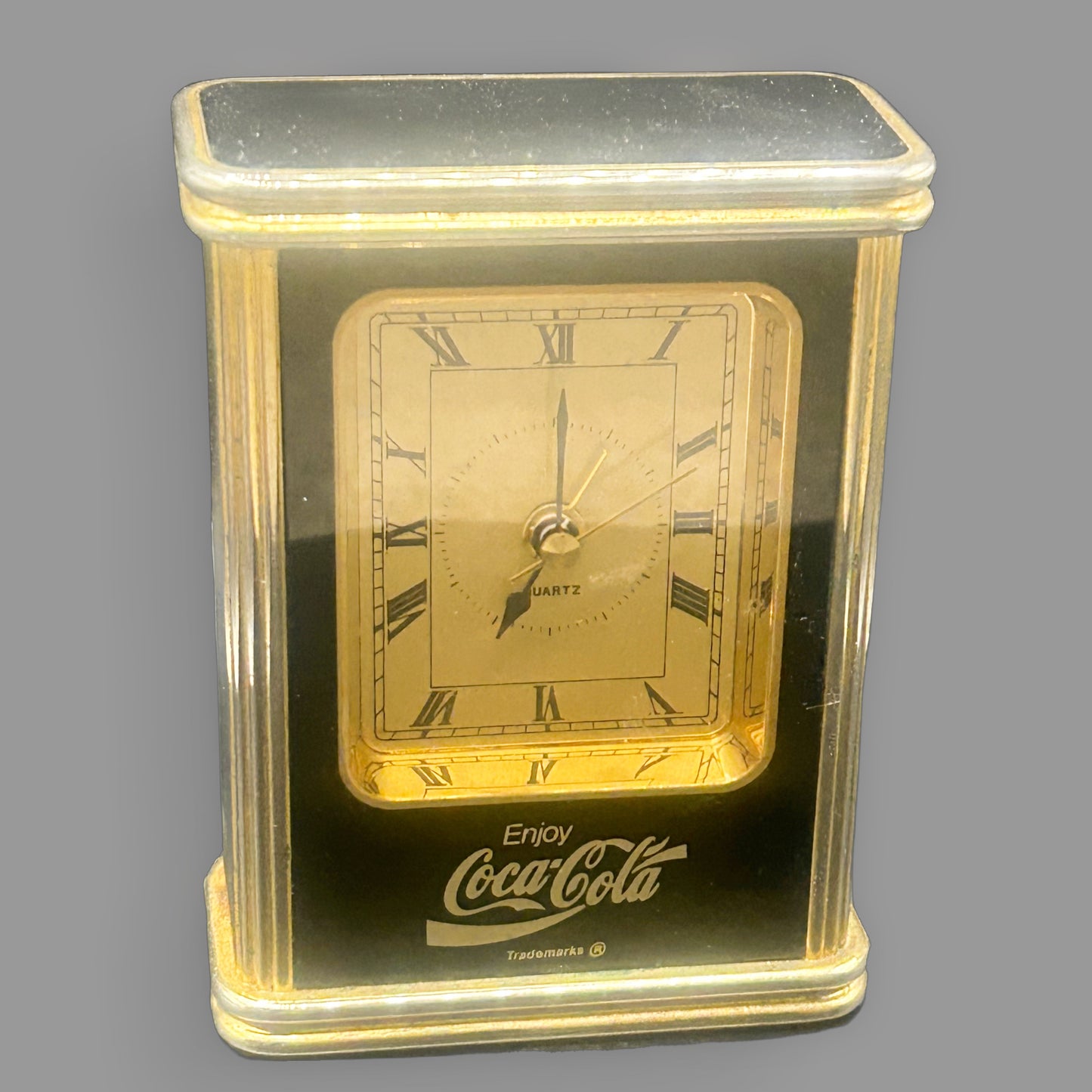 Vintage Ridgeway Coca-Cola Gold Carriage Clock — Made in Germany — detail view