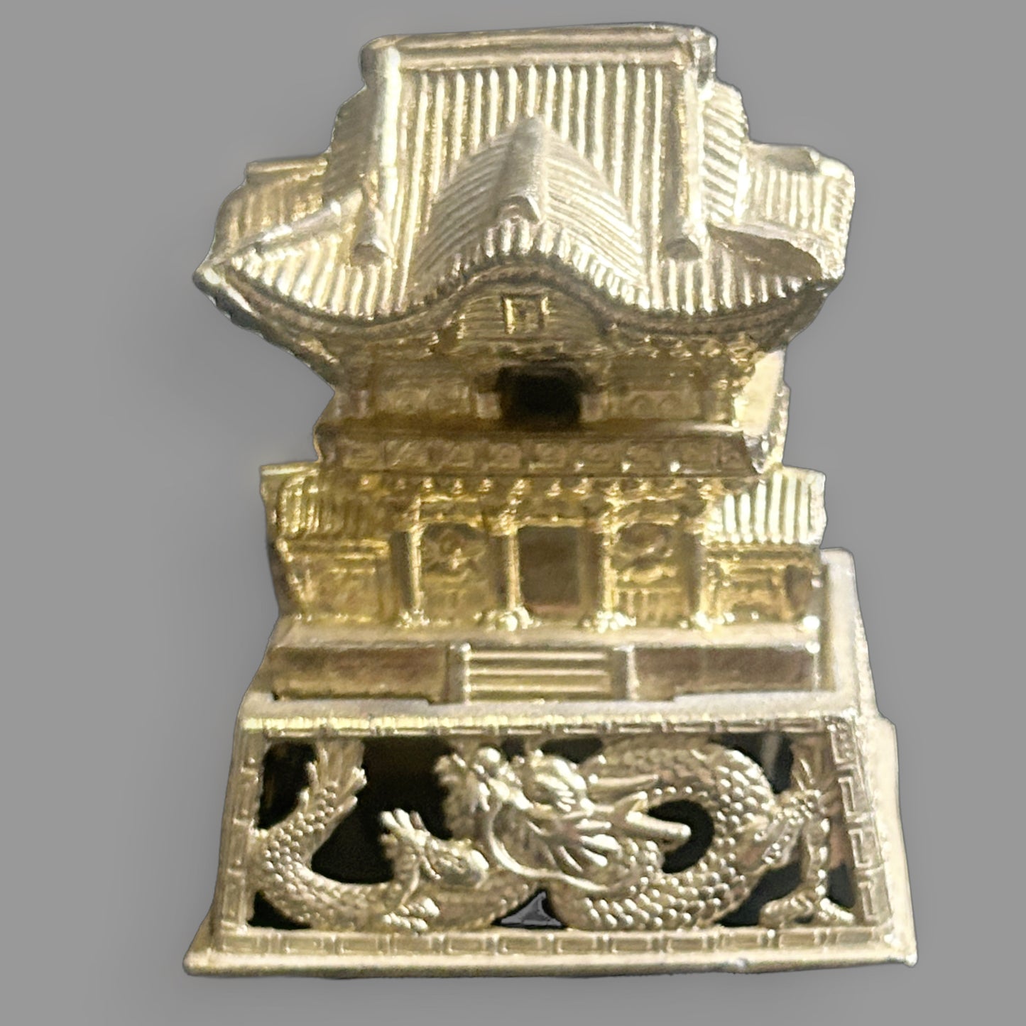 Vintage Brass Japanese Temple Miniature with Dragon Base — detail view