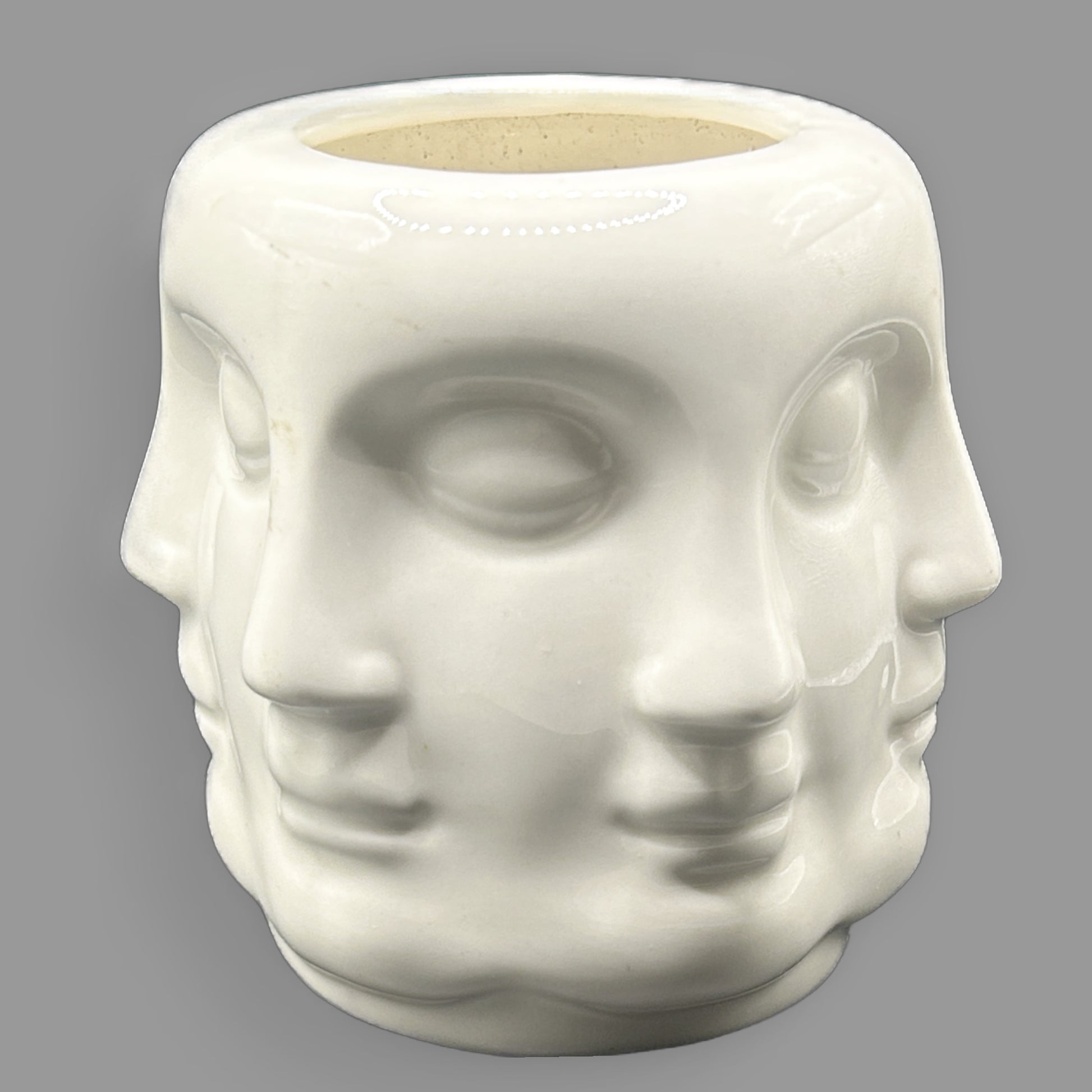 Vintage Fornasetti Style Perpetual Face Ceramic Vase — Surrealist Art Pot — detail view