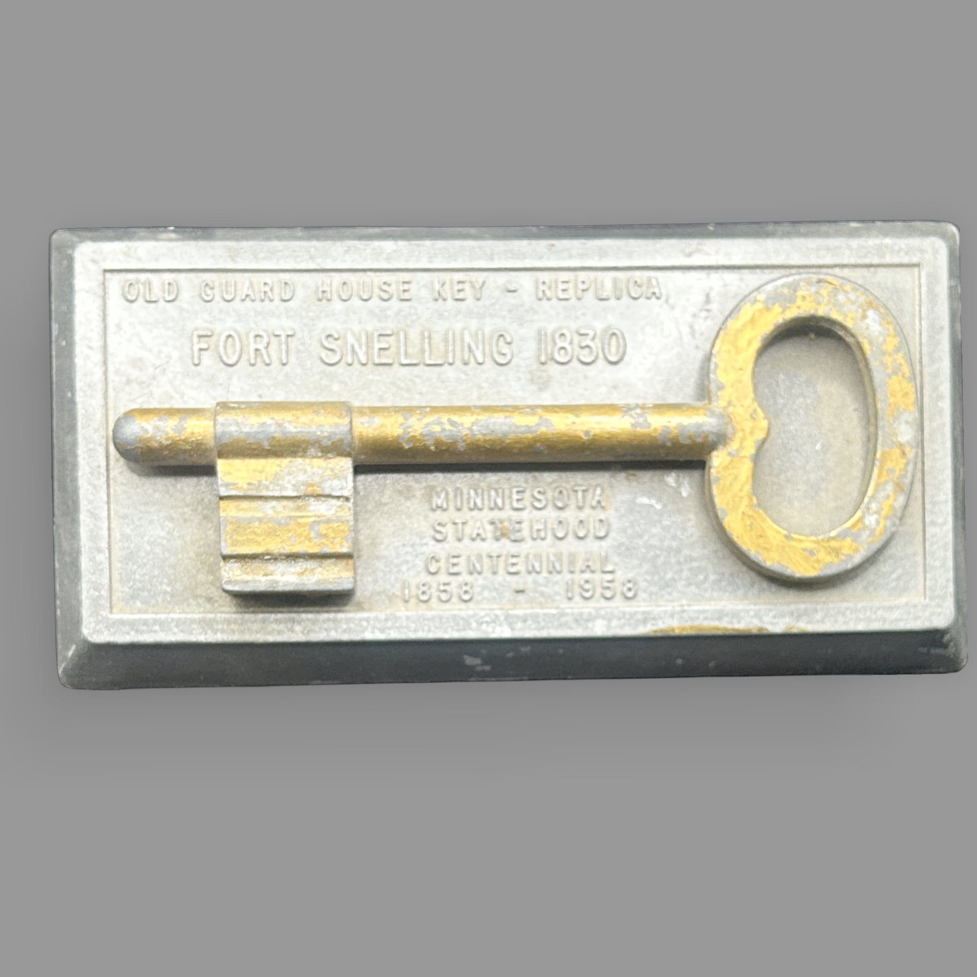 Minnesota Statehood Commemorative Key Plaque — Fort Snelling Historical Display — detail view