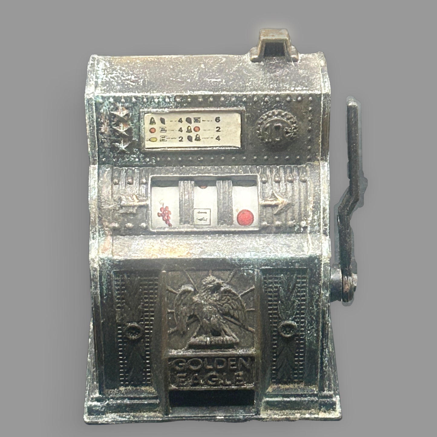 Vintage “Golden Eagle” Die-Cast Slot Machine Pencil Sharpener — Bronze Finish — detail view