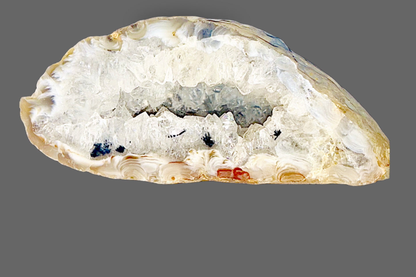 Agate Geode Half — Banded Chalcedony & Quartz Druzy — detail view