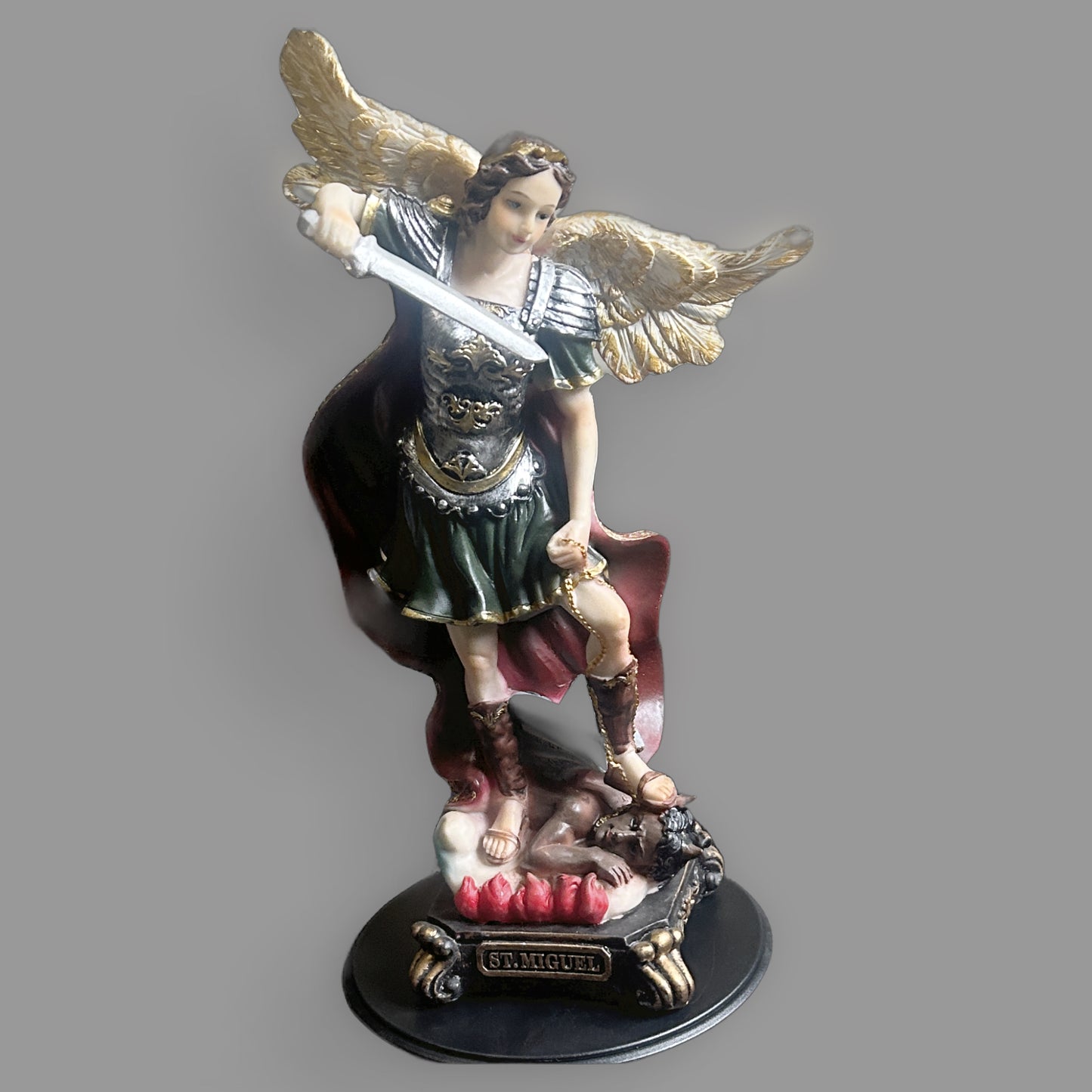 Saint Michael Archangel Defeating Lucifer Statue — detail view