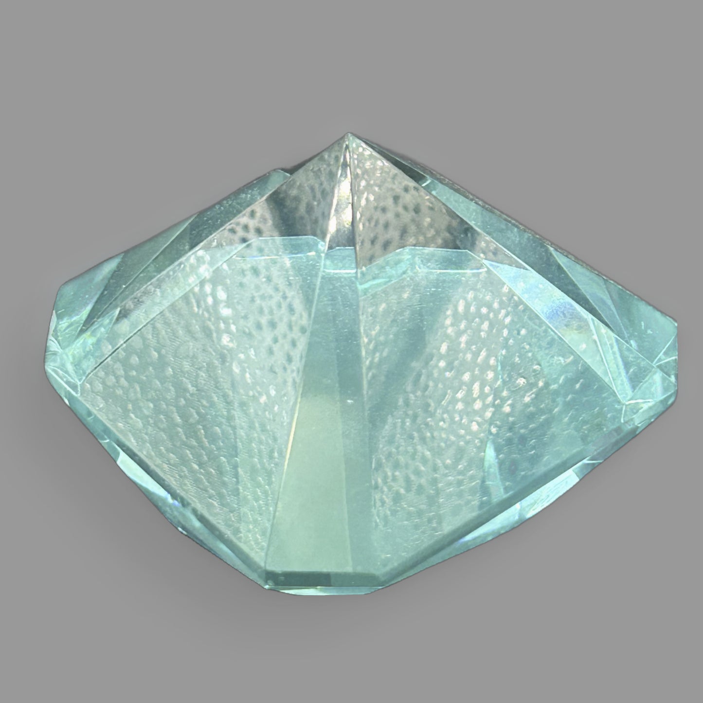 Faceted Blue Crystal Diamond Paperweight — Modern Glass Sculpture — detail view
