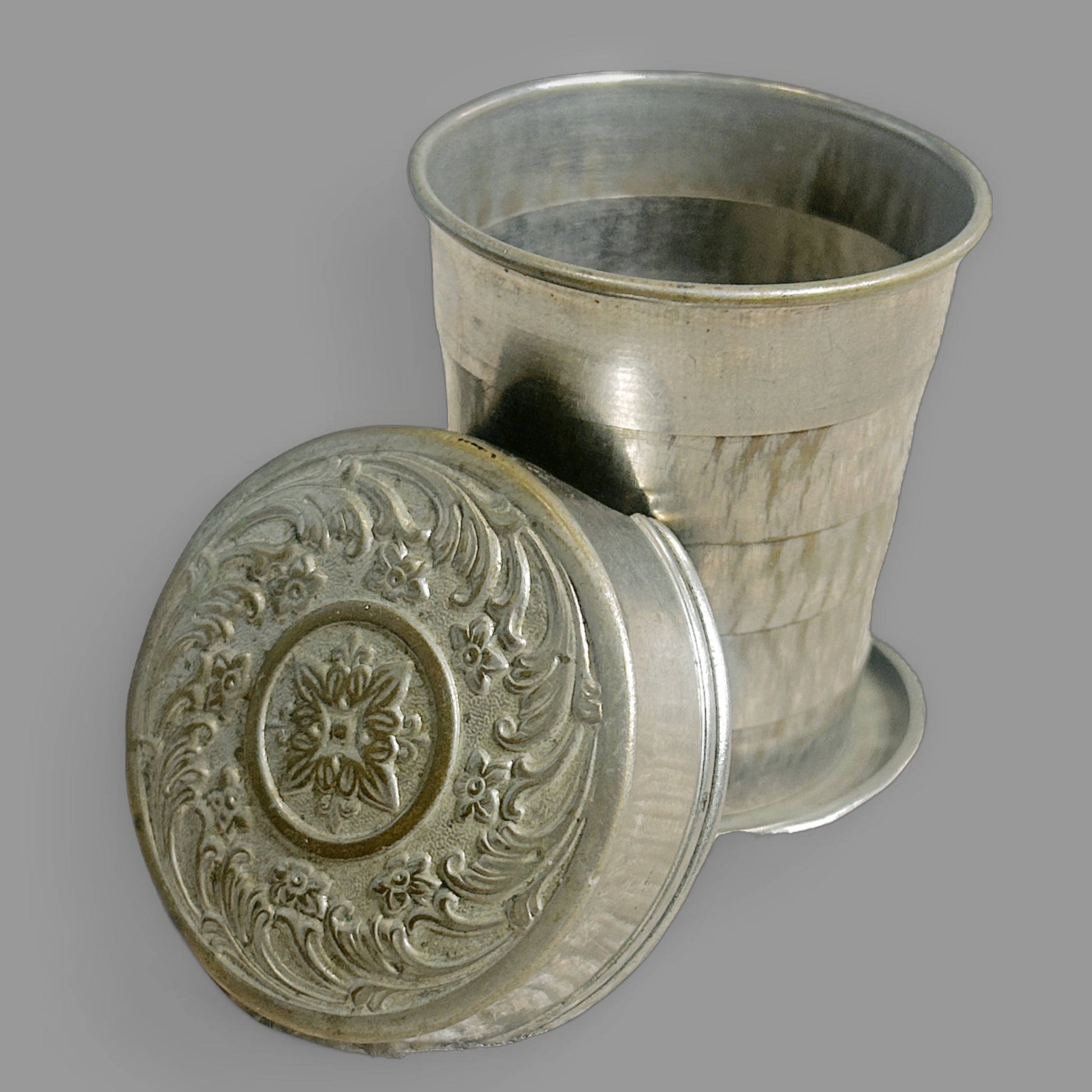 Antique Victorian Collapsible Metal Travel Cup — detail view