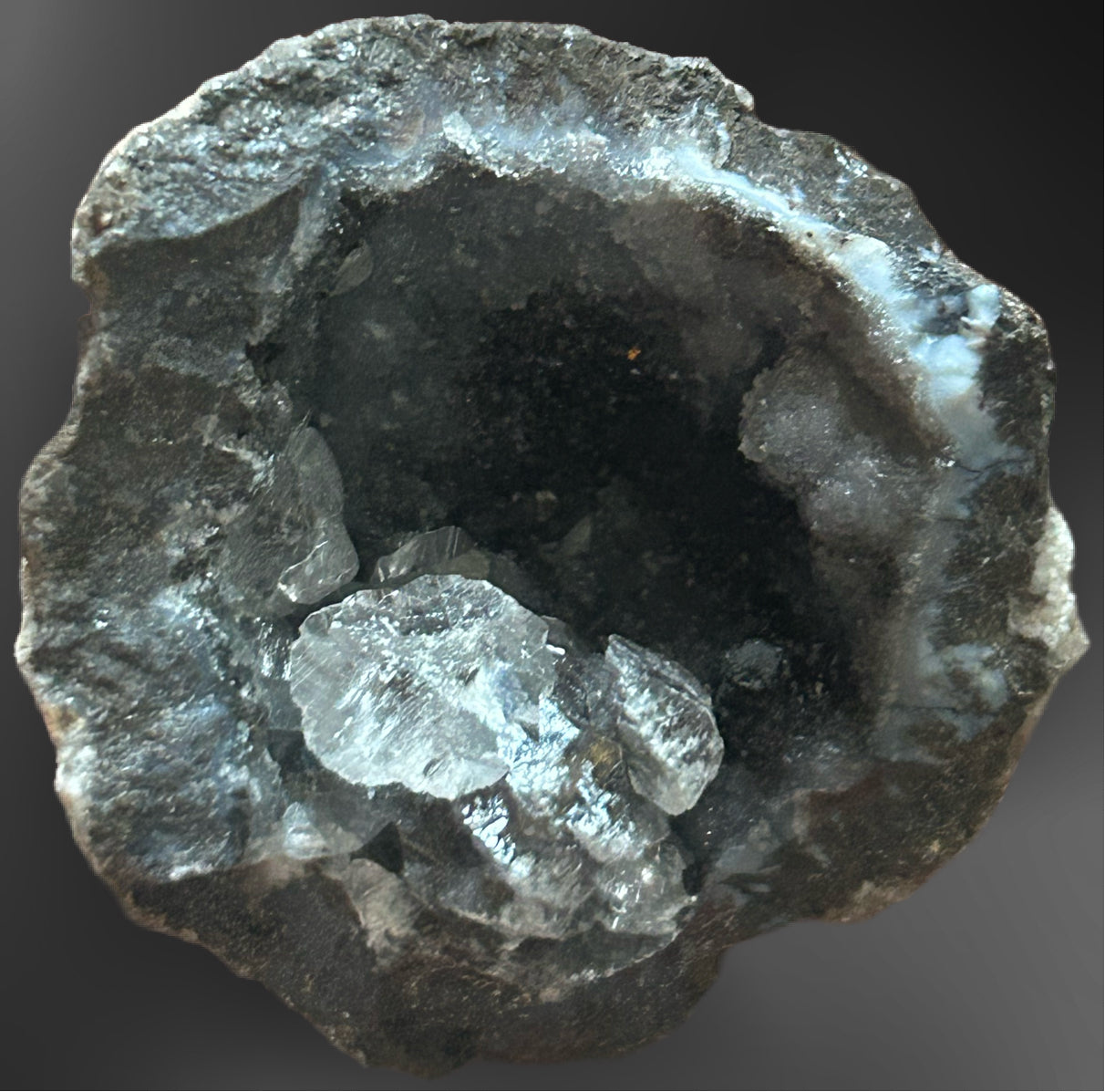 Void & Light — Black Chalcedony Geode with Quartz Crystal Core — detail view
