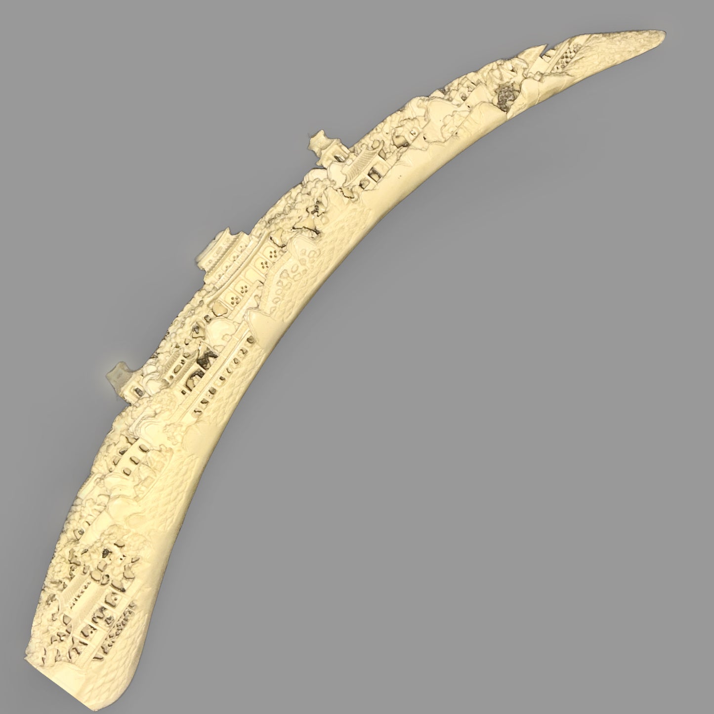 Vintage Ivory-Tone Resin Carved Tusk Village Sculpture — Folk Art Curiosity — detail view