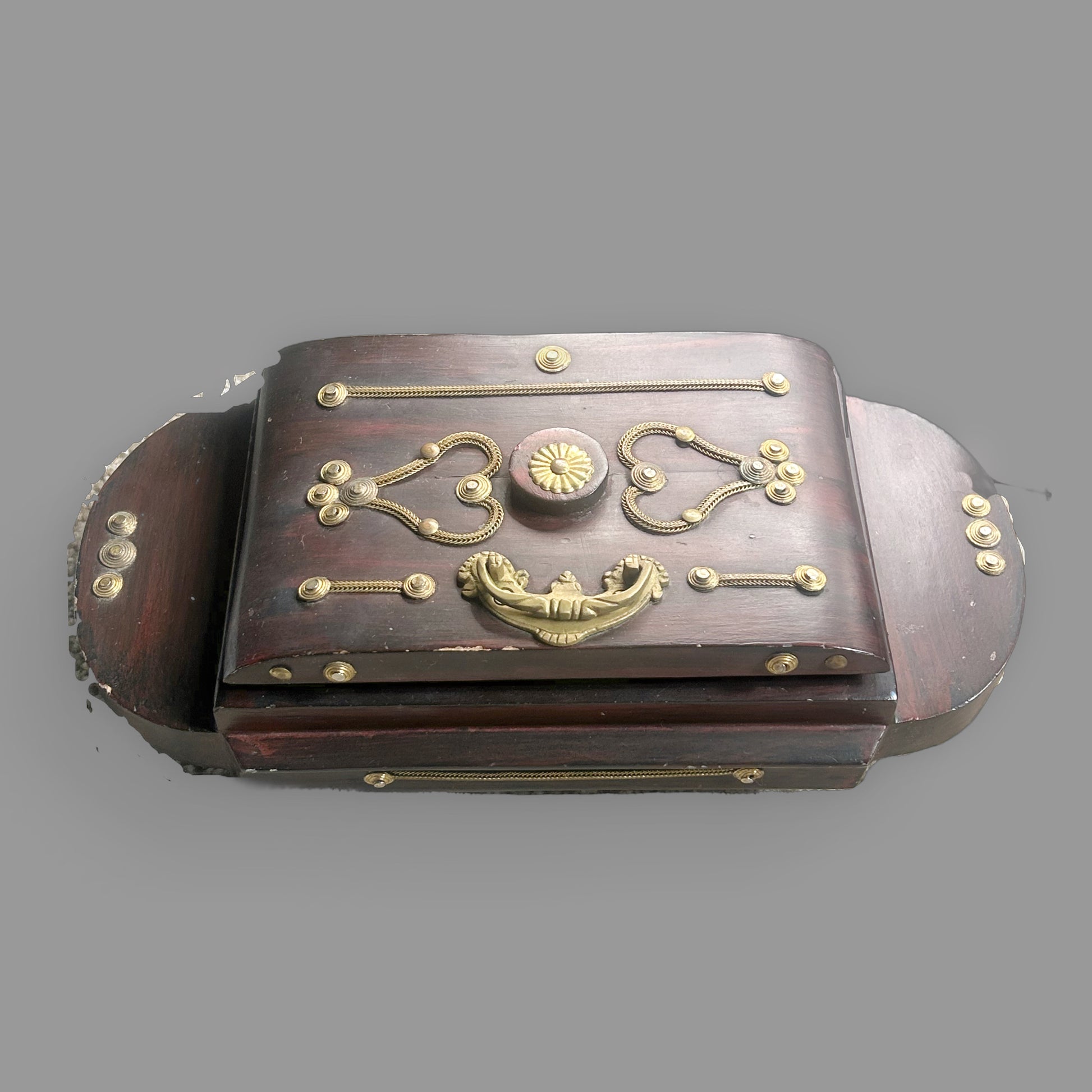 Vintage Wooden Casket-Style Keepsake Box — Brass Filigree — detail view