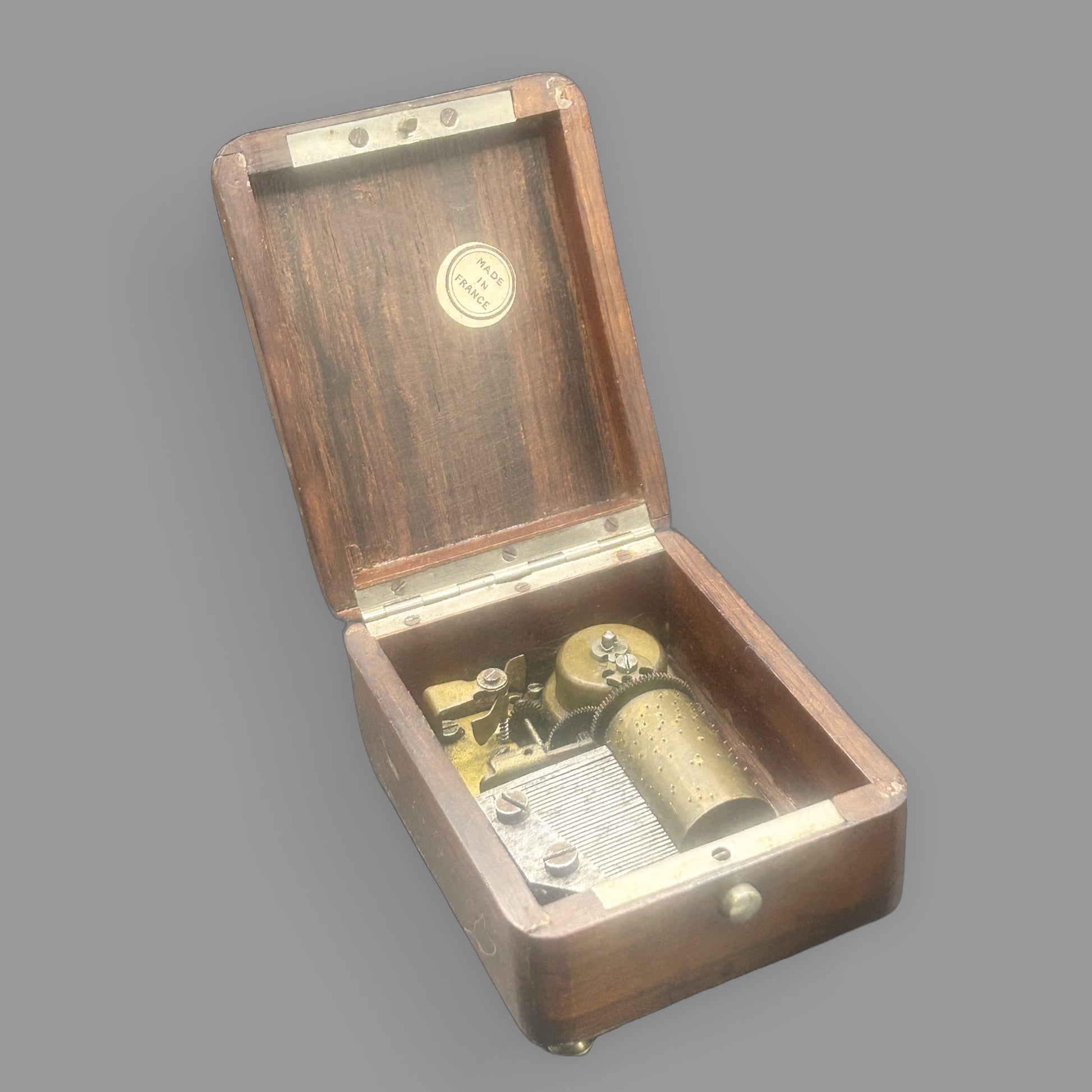 Vintage French Wooden Music Box — Brass Musical Movement — detail view