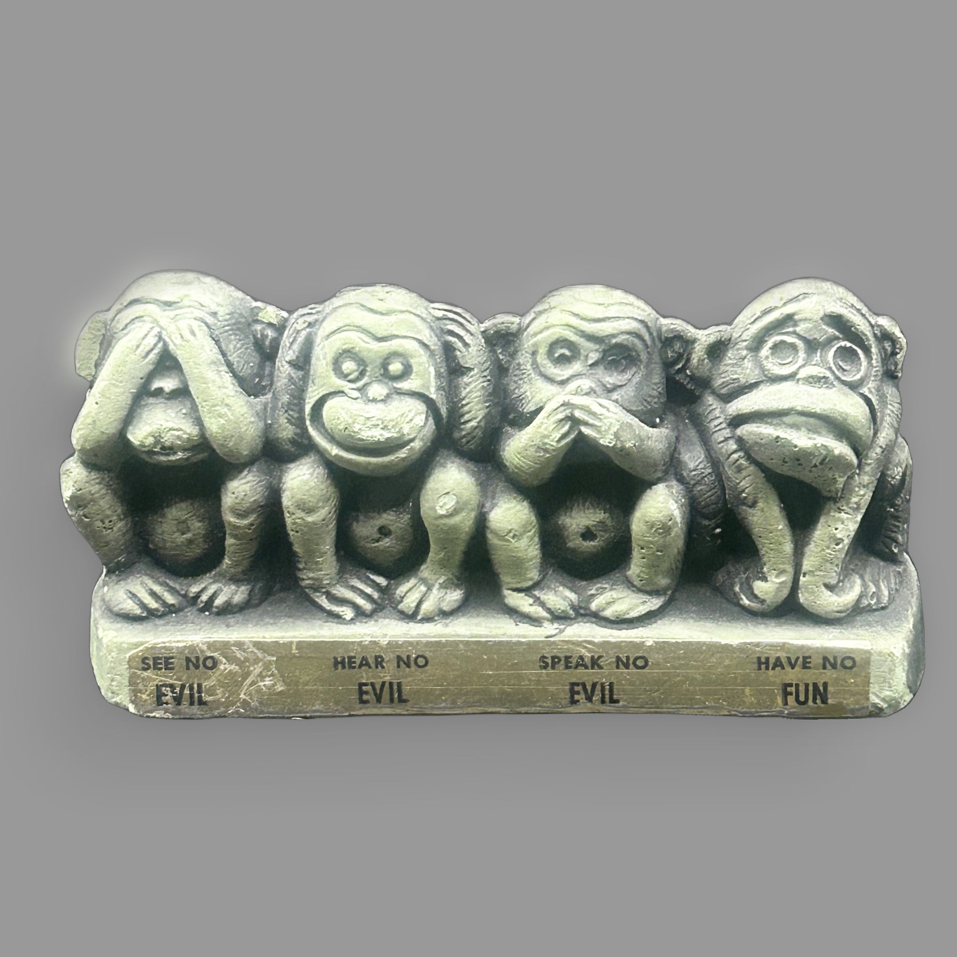 Four Wise Monkeys “Have No Fun” Figurine — Novelty Desk Collectible — detail view