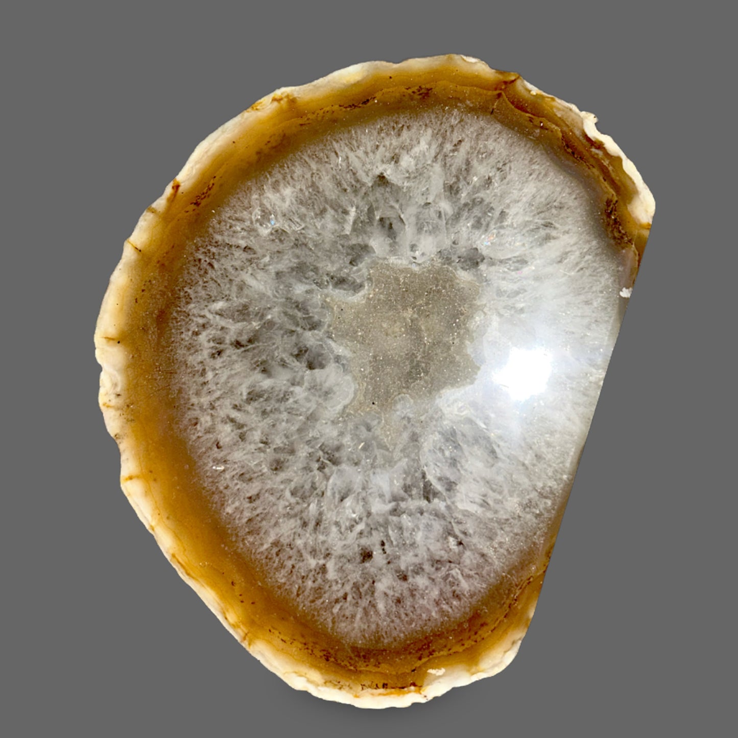 Polished Agate Geode Slice — Druzy Quartz Interior, Backlit Translucent, 240g — detail view