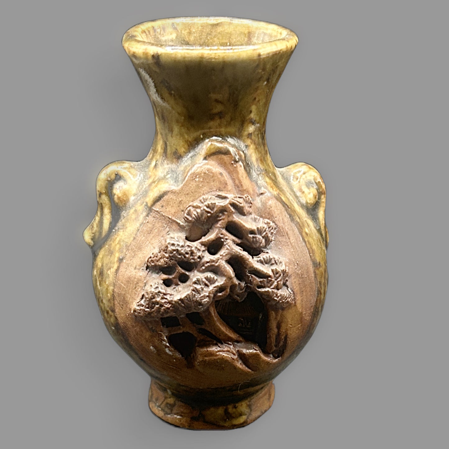 Vintage Japanese Banko Ware Miniature Vase — Hand-Carved 3D Scenic Relief — detail view