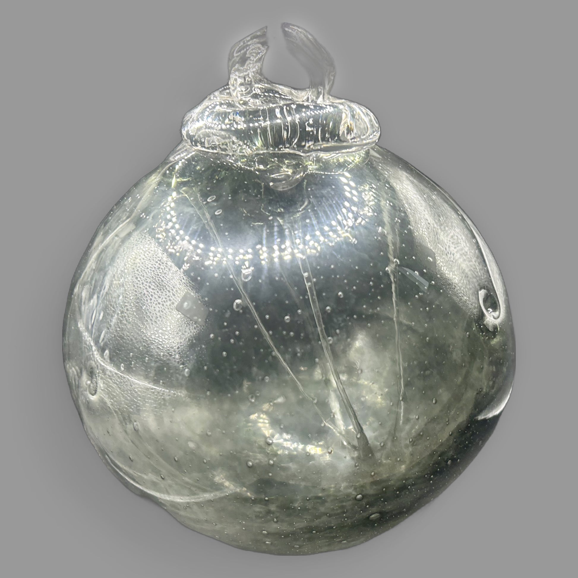 Hand-Blown Glass Witch Ball — Smoky Grey-Green with Interior Strands — detail view