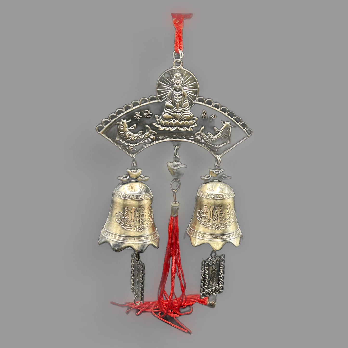 Chinese Guan Yin & Koi Feng Shui Hanging Bells with Red Tassels — detail view