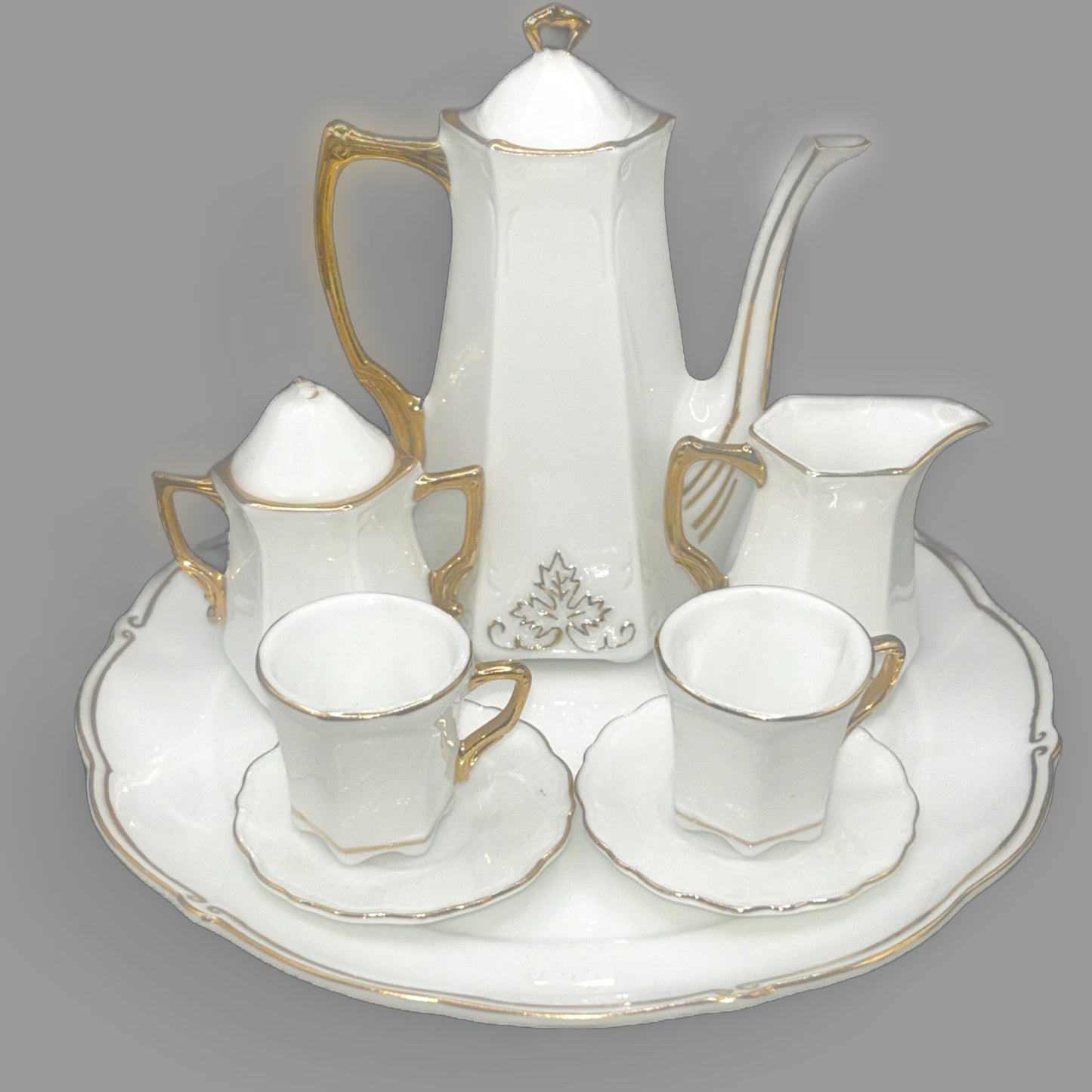 Vintage Miniature Porcelain Tea Set with Gold Trim — Dollhouse Collectible — detail view
