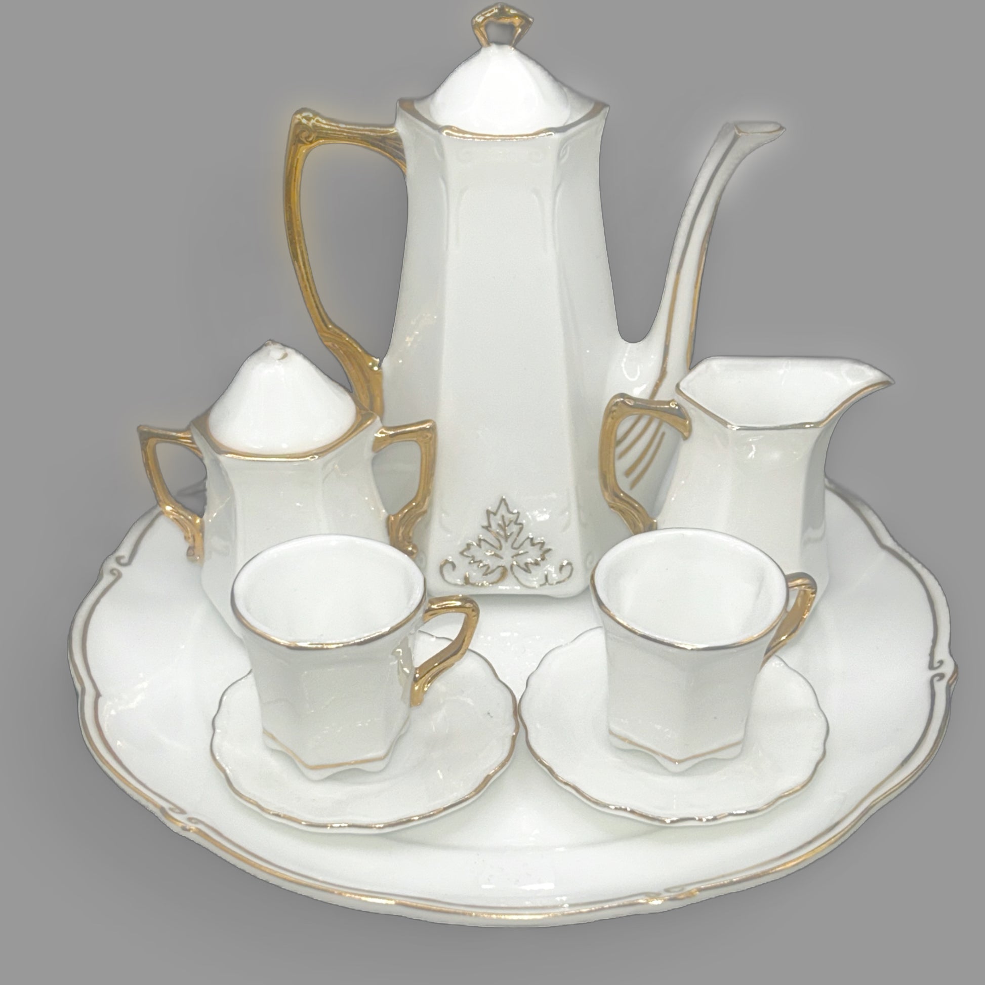 Vintage Miniature Porcelain Tea Set with Gold Trim — Dollhouse Collectible — detail view