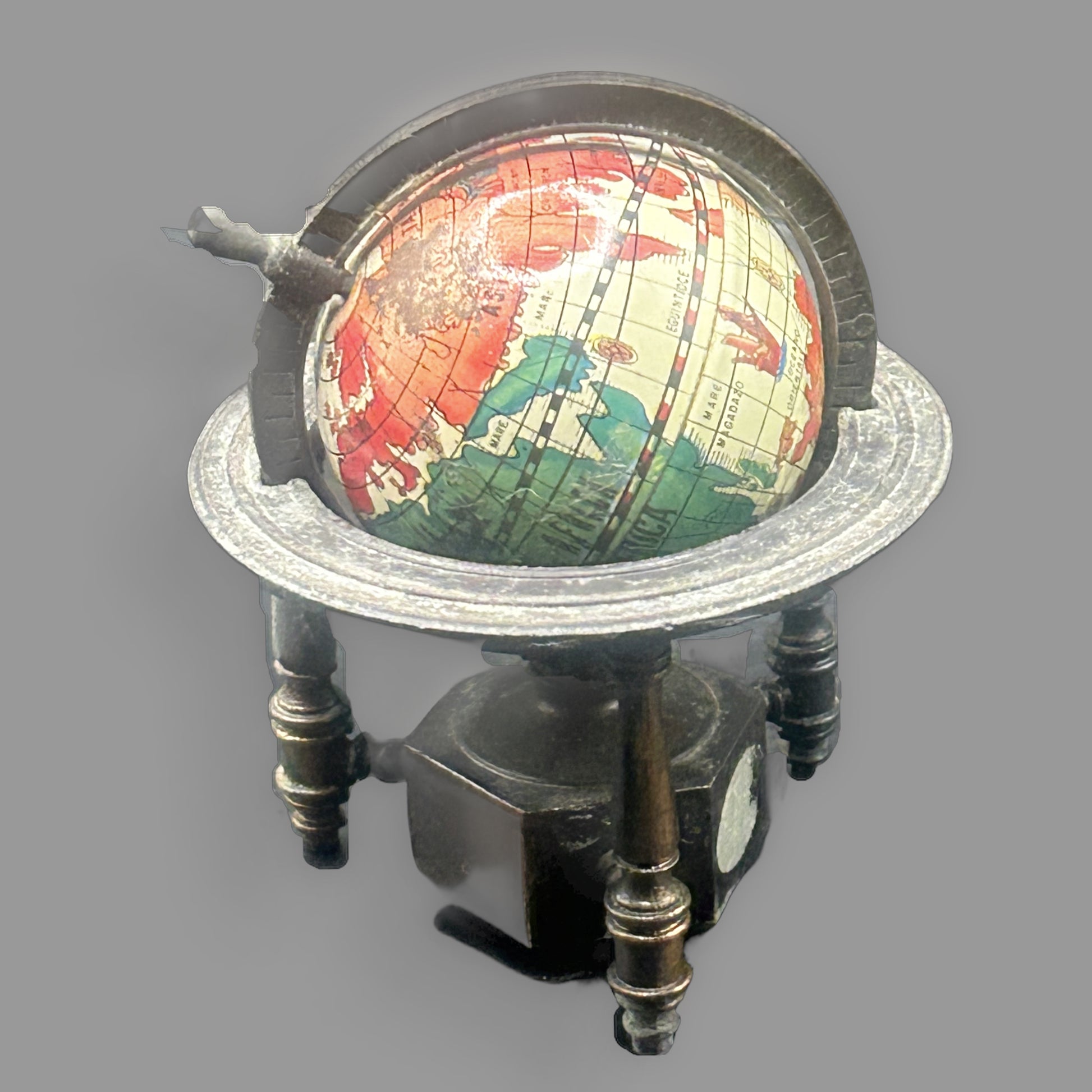 Vintage Play Me Die-Cast World Globe Pencil Sharpener — Novelty Desk Collectible — detail view