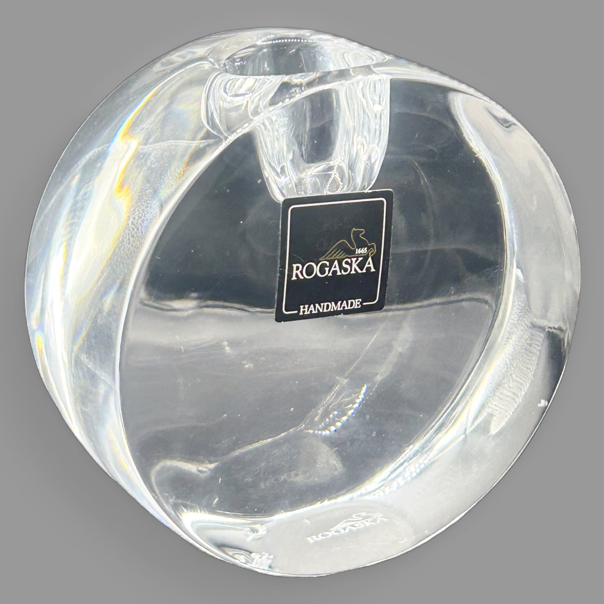 Rogaska Handmade Crystal Votive Candle Holder — Solid Disc Form, Original Label — detail view