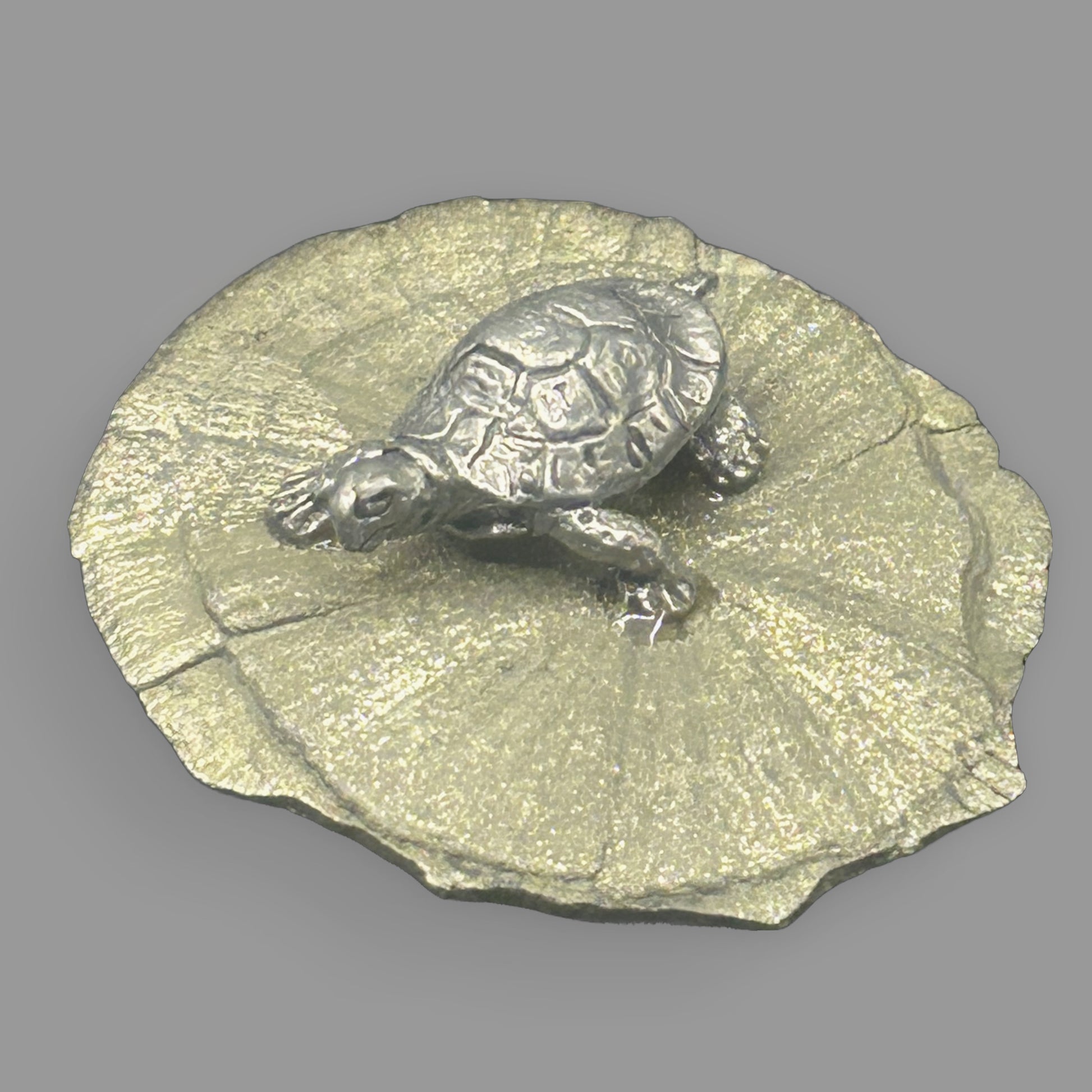 Pewter Turtle on Pyrite Sun Figurine — Mineral & Metal Collectible — detail view