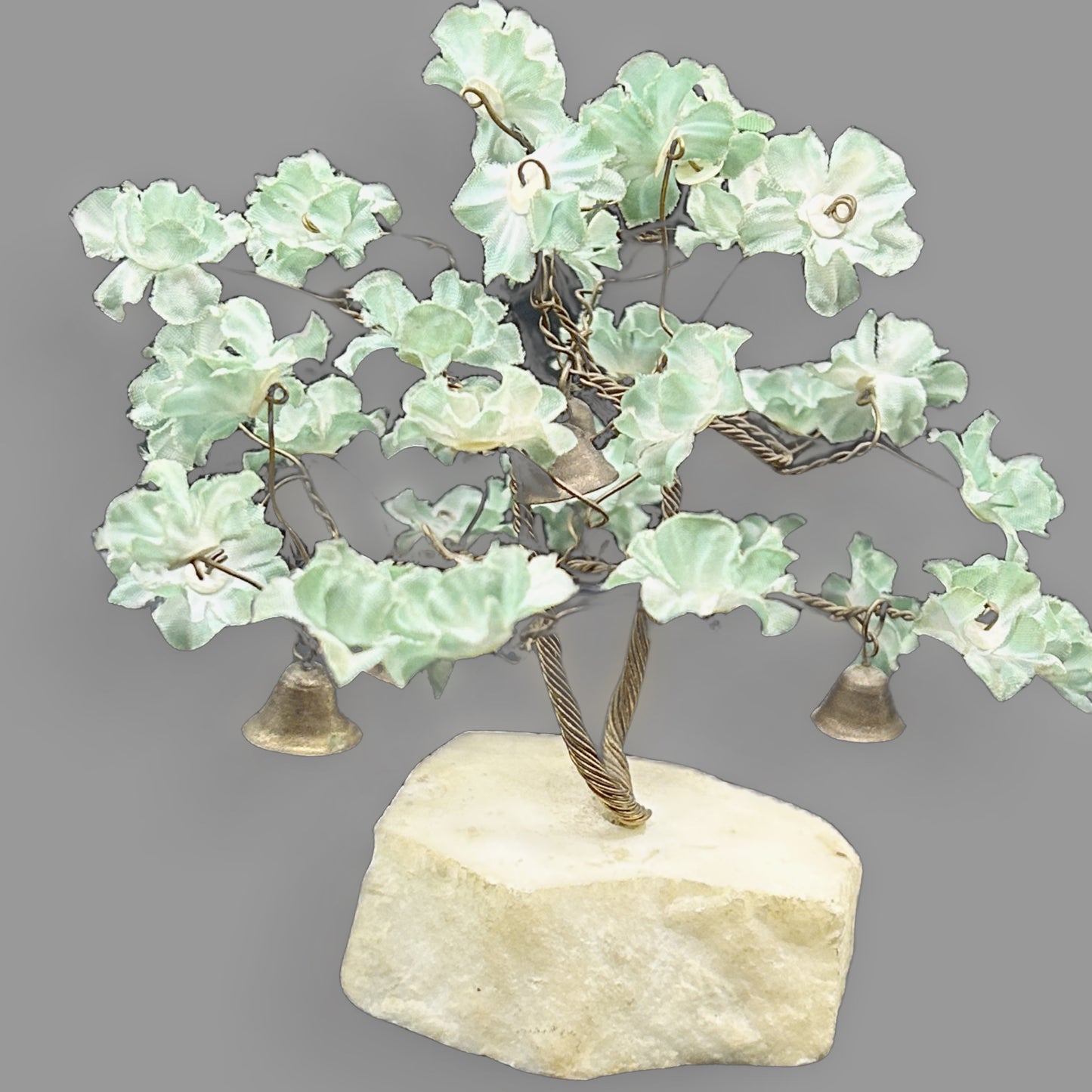 Vintage Brass Wire Flower Tree with Bells on Stone Base — Handcrafted Altar Decor — detail view